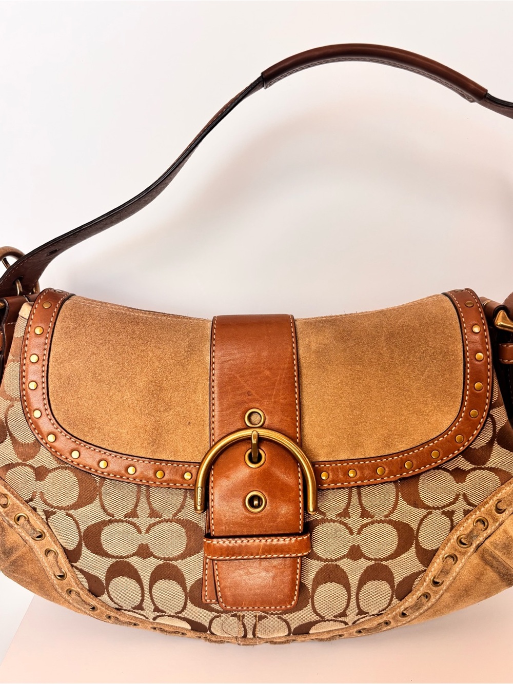 Coach Tan and Brown Signature Canvas Shoulder Bag with Leather Trim